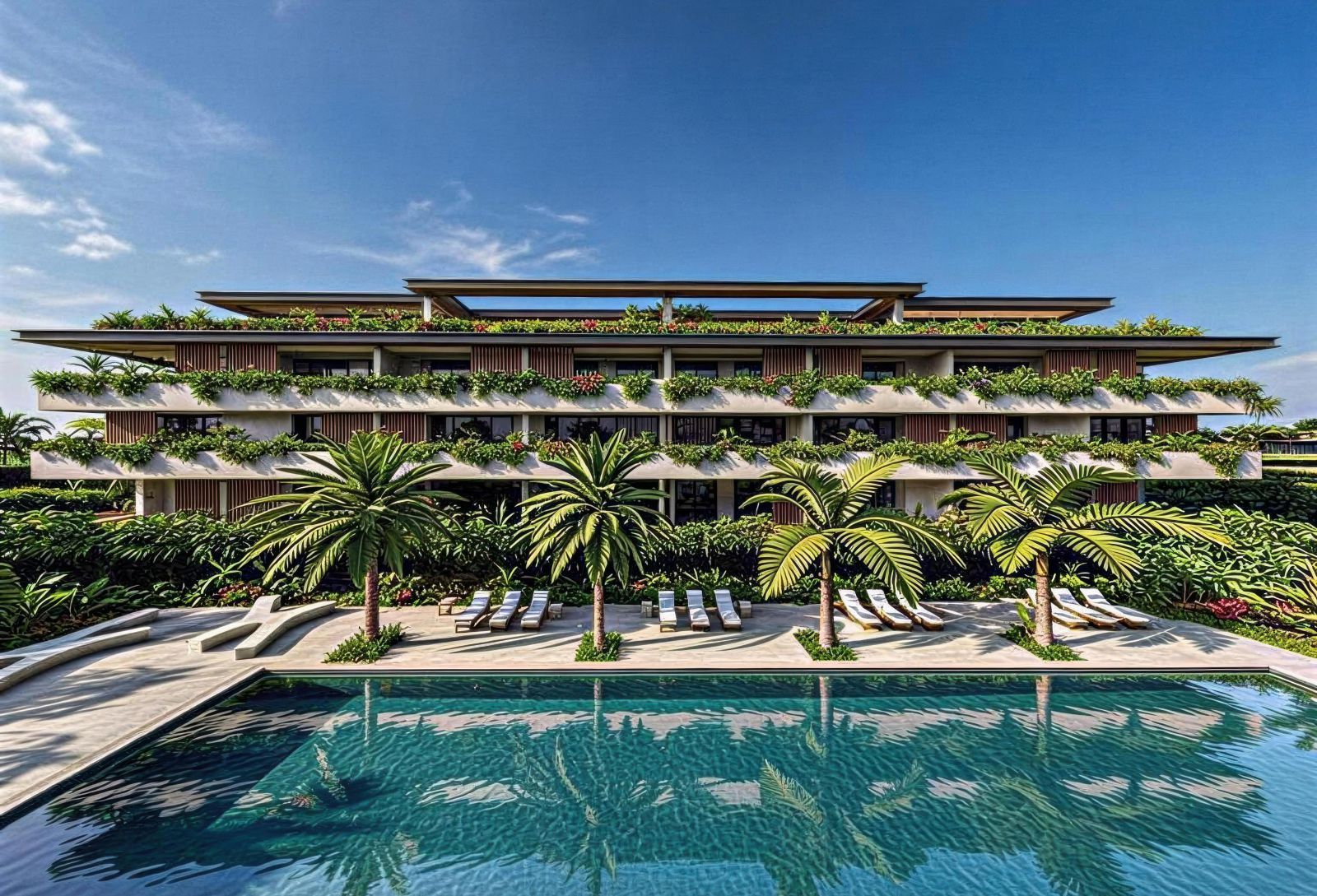 Señora Gardens: uitzicht op het zwembad, omgeven door palmbomen en weelderig groen.